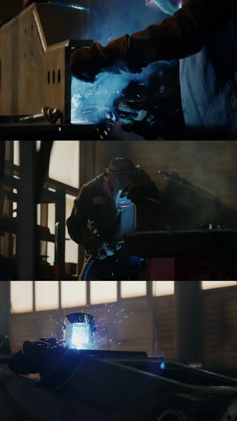 Split Screen of Welder Working in Industrial Plant Stock Footage 280323165