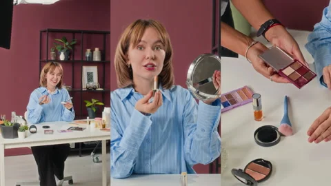Split Screen of Woman Applying Lipstick Using Hand Mirror and Eyeshadow Pallet Stock Footage 305030702
