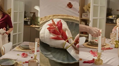 Split Screen of Woman with Children Setting Table for Thanksgiving Dinner Stock-Footage 347359140