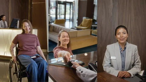 Split Screen of Woman with Disability Paying with Credit Card at Hotel Reception 스톡 동영상 343782625