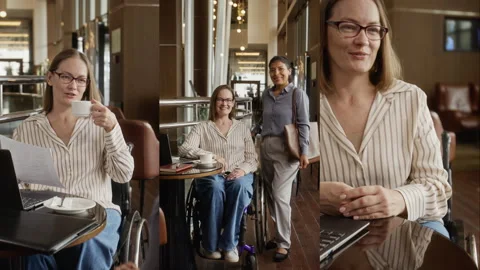 Split Screen of Woman with Disability Shaking Hands at Business Meeting in Cafe 스톡 동영상 343782347