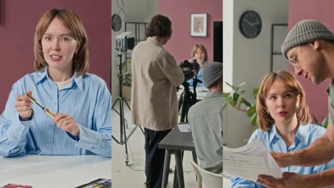 Split Screen of Woman Doing her Make-Up, Being Filmed by Person Pperating Camera Stock Footage 305151984