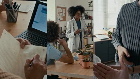 Split Screen of Woman Giving Presentation, Man Taking Notes, Talking in Office Video stock 302372770