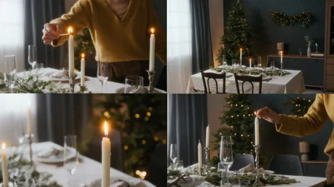 Split Screen of Woman Lighting Candle on Festive Dinner Table for Christmas Video stock 292376322