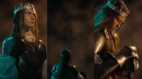 Split Screen of Woman in Medieval Armor Holding Sword in Split Screen Montage Видео 345510301