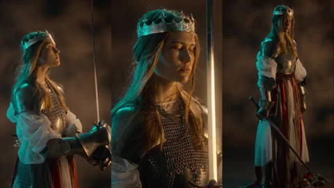 Split Screen of Woman in Medieval Armor Holding Glowing Sword Видео 345510320