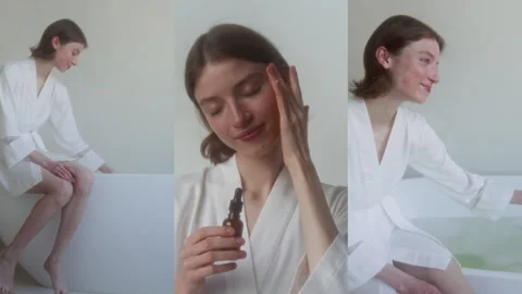 Split Screen of Woman Preparing Bath and Hydrating Face with Hyaluronic Acid Stock Footage 300107984