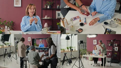 Split Screen of Woman Recording Make-Up Tutorial at Desk in Professional Studio Vídeo Stock 305151817