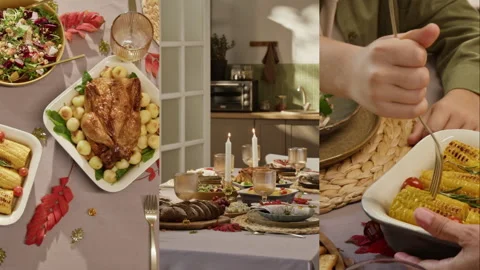 Split Screen of Woman Serving Roasted Corn during Festive Thanksgiving Dinner Stock-Footage 347359121