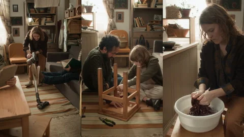 Split Screen of Woman Vacuuming and Doing Laundry, Man Fixing Wooden Chair Stock Footage 333731685