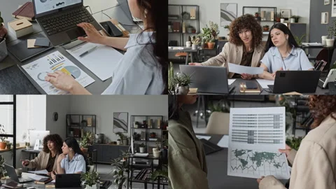 Split Screen of Women Collaborating on Financial Reports and Working on Laptops Видео 343606325