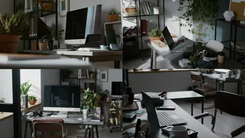Split Screen of Work Desks with Laptops and Computers in Modern Office Stock Footage 299684735