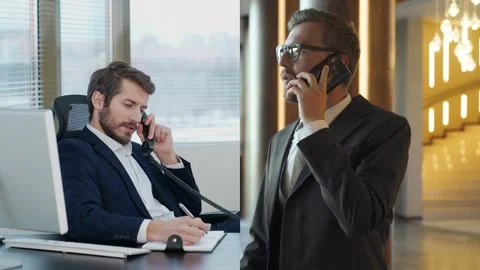 Split screen, young businessman sitting at the workplace in office and talking Video stock 249251274