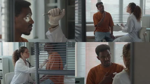 Split Screen of Young Diverse Female Doctor and Male Patient at Appointment Video stock 295020648