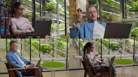 Split Screen of Young Diverse Man and Woman Working on Laptop in Vertical Farm 動画素材 300278167