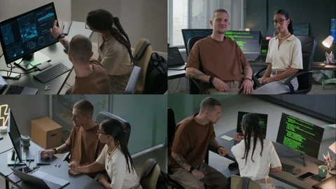 Split Screen of Young Diverse Programmers Discussing Work on PC in Office Stock Footage 292614721