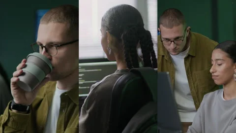 Split Screen of Young Diverse Programmers Teaching Process in Computer Office Stock Footage 292615112