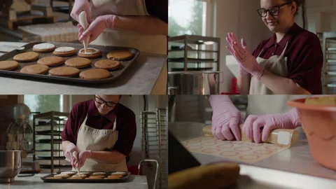 Split Screen of Young Female Baker Making Gingerbread Cookies in Kitchen Video stock 298142774