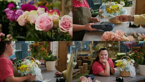 Split Screen of Young Female Florist with Down Syndrome Working in Flower Shop Stock Footage 302366503