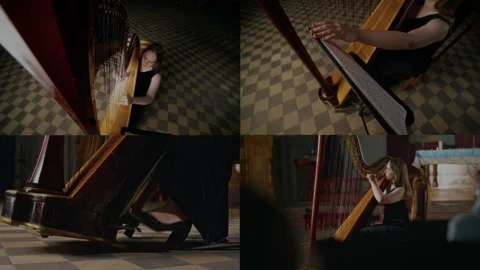 Split Screen of Young Female Harpist Playing Solo in front of Audience in Church Stock Footage 293681442