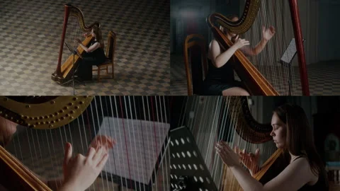 Split Screen of Young Female Harpist Playing Harp and Looking into Score Stock Footage 293682043