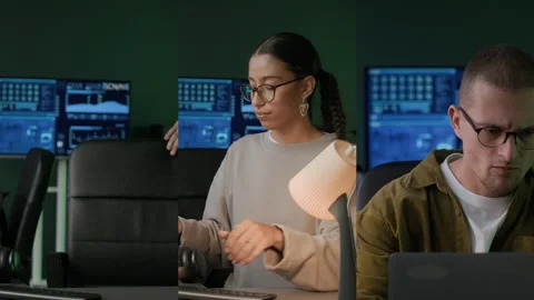 Split Screen of Young Multiethnic Programmers Starting to Work in Office Stock Footage 292614451