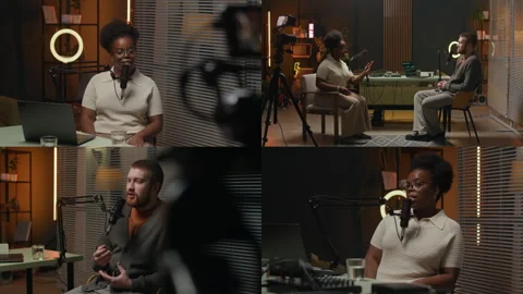Split Screen of Young Multiethnic Radio Host and Guest Spleaking in Mic Video stock 294682922