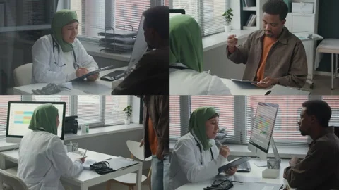 Split Screen of Young Muslim Female Doctor and Black Male Patient in Clinic Video stock 295021338