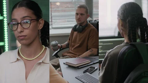 Split Screen of Young Programmer Discussing Work with Male Colleague in Office Stock Footage 292616614