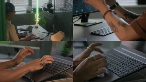 Split Screen of Young Programmers Typing Program Code on Keyboard Video stock 292615581