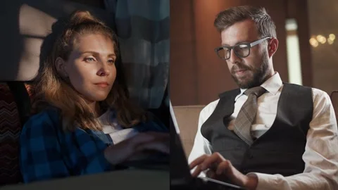 Split screen, young woman and businessman communicate while sitting at laptops Video stock 249651440