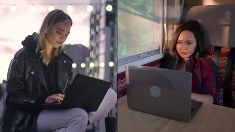 Split screen, a young woman communicate with her friend at a distance using Video stock 251154350