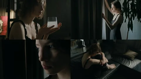 Split Screen of Young Woman Feeling Paranoid and Like Being Spied on at Home Stock Footage 301117233