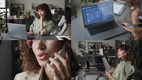 Split Screen of Young Woman Working as Customer Support Agent Video stock 343606083
