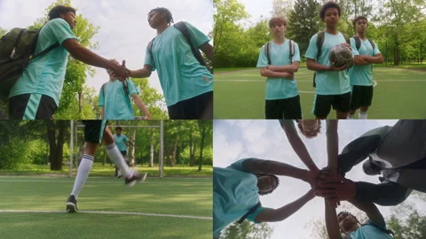 Split Screen of Youth Soccer Team at Outdoor Field Stock Footage 313706428