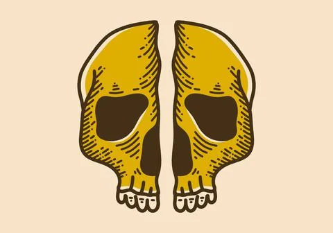 Split skull retro vintage line art Stock Illustration