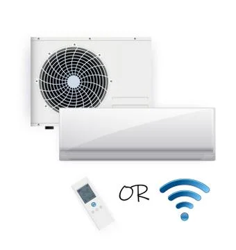 Split system air conditioner inverter. Realistic conditioning with with WiFi Stock Illustration