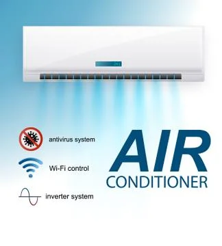 Split system air conditioner inverter. Realistic conditioning with with WiFi Stock Illustration