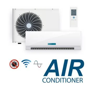 Split system air conditioner inverter. Realistic conditioning with with WiFi Stock Illustration