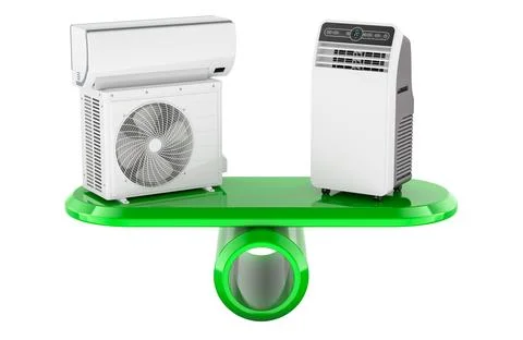 Split system or portable air conditioner on balance scale, concept of cooli.. Stock Illustration