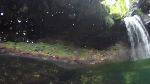 Split underwater view of Bassin Paradis waterfall in Basse Terre jungle. Guadelo 库存影片 169185310