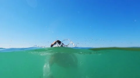 Split underwater view of little child girl learning to swim. Slow motion Video stock 221925996