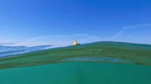 Split underwater view of yellow buoy anchored to seafloor Stock Footage 278919867