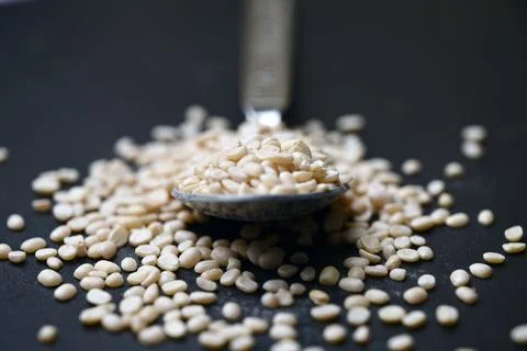 Split Urad Dal Held in Spoon, Angled Top View Food Macro Shot on Dark Defoc.. Stock Photos