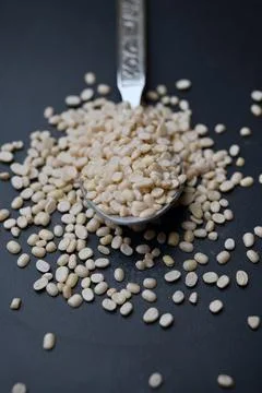 Split Urad Dal Held in Spoon, Angled Top View Food Macro Shot on Dark Defoc.. Stock Photos