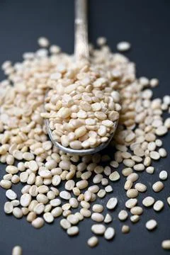 Split Urad Dal in Spoon Angled Top View with Defocus Background Macro Photo.. Stock Photos