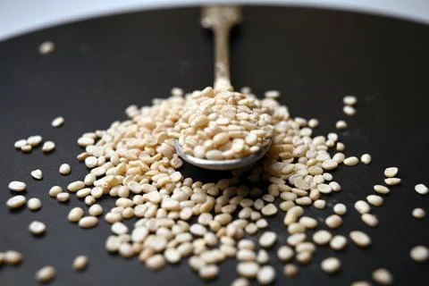 Split Urad Dal in Spoon Angled Top View with Defocus Background Macro Photo.. Stock Photos