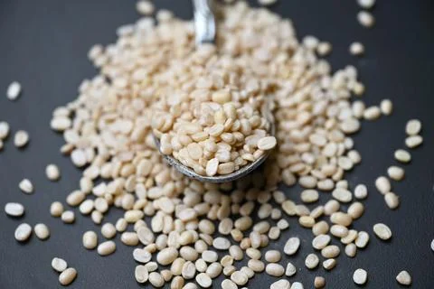 Split Urad Dal in Spoon, Angled Top View Macro Shot with Defocused Black Ba.. Foto stock