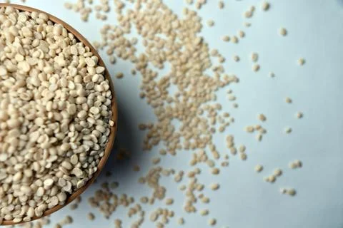 Split Urad Dal in Spoon, Top View Macro Food Photograph with Negative Space.. Stock-Fotos