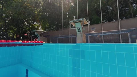 Split View Outdoor Pool Starting Blocks Number 8 and 9 Stock Footage 342020623